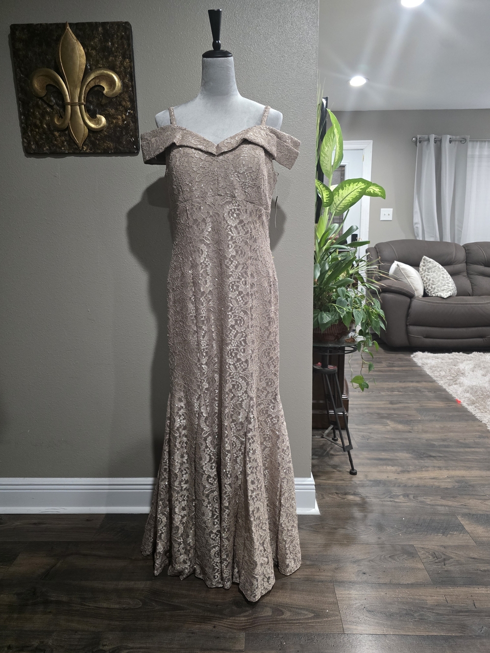 Lace Off-Shoulder Maxi Dress in Taupe